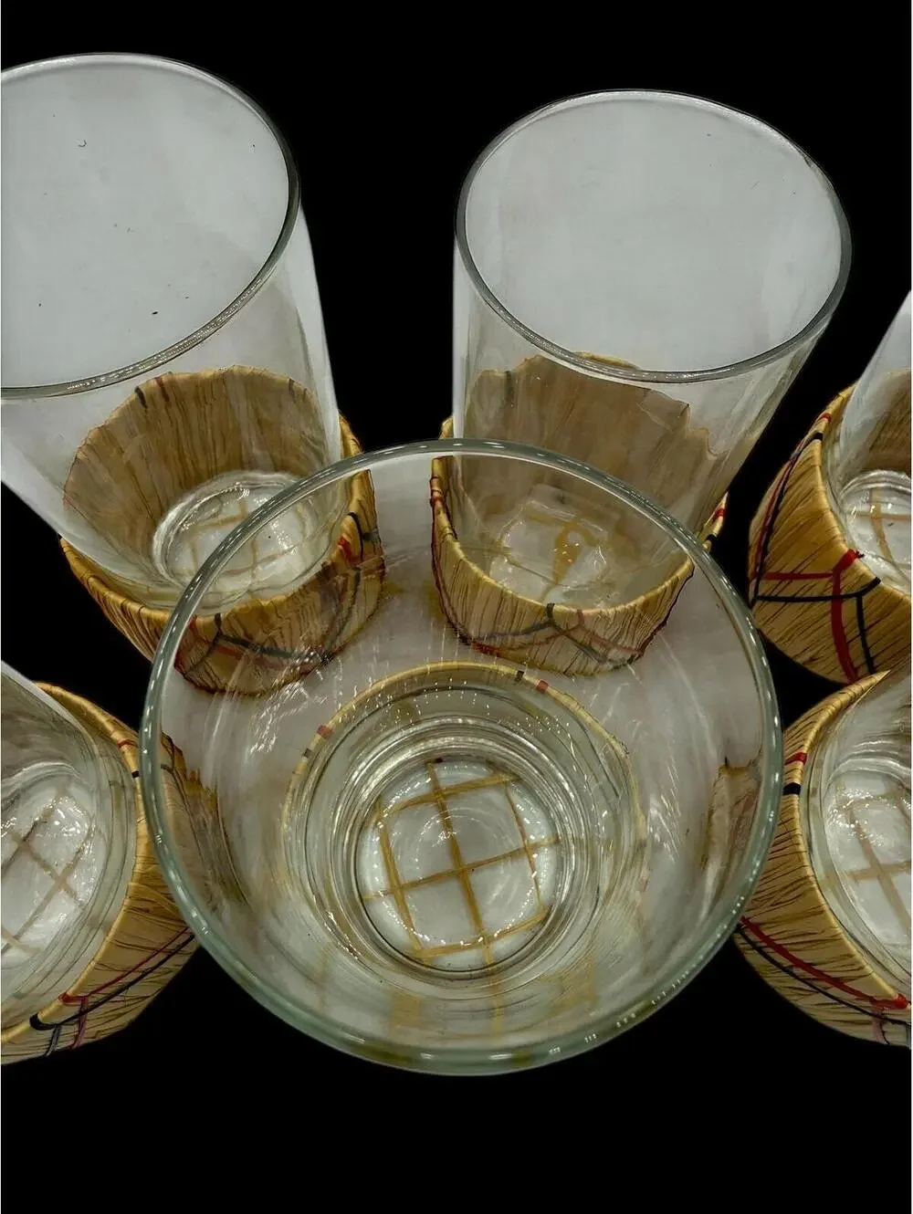 1950s Vintage Glass Tumblers with Raffia Holders, Set of Six Drinking Glasses